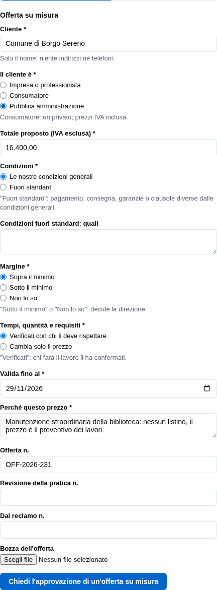 La richiesta di un'offerta su misura