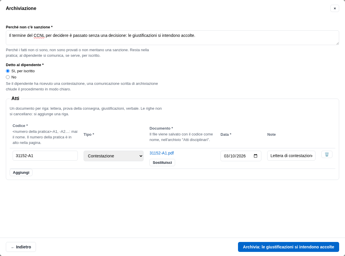 La form dell'archiviazione dopo il termine