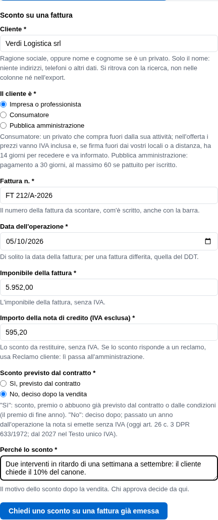 La richiesta di nota di credito