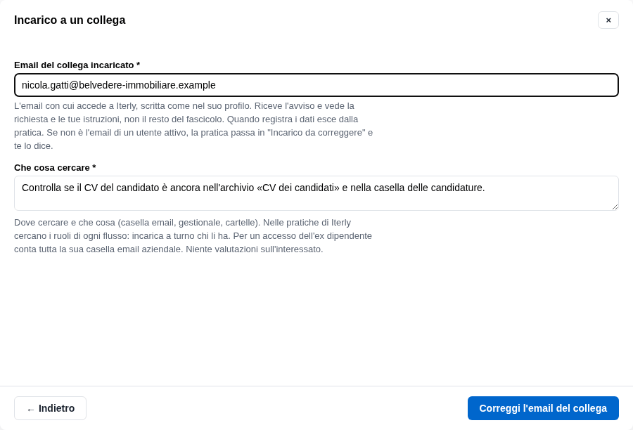 La form della correzione dell'email del collega