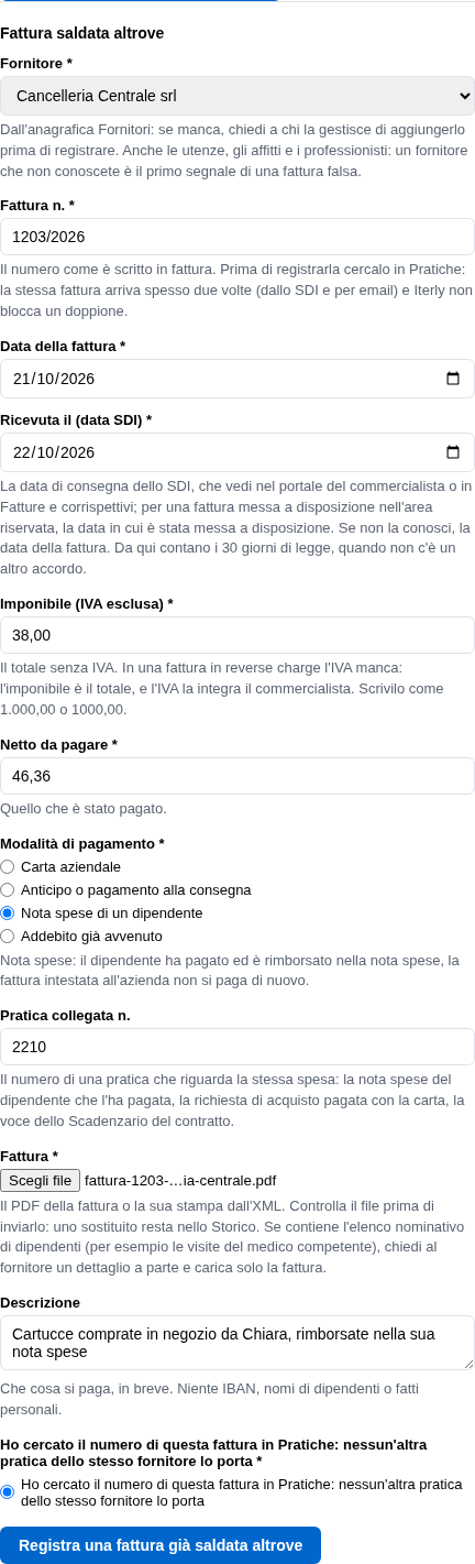 La form della fattura già saldata altrove