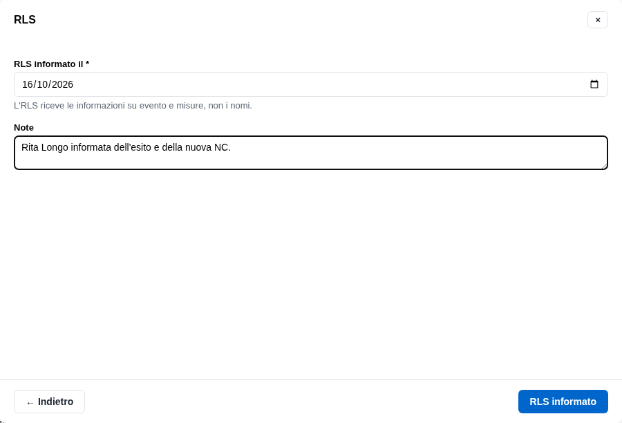 La form «RLS informato» sulla NC dello scaffale