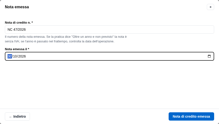 La form della nota emessa