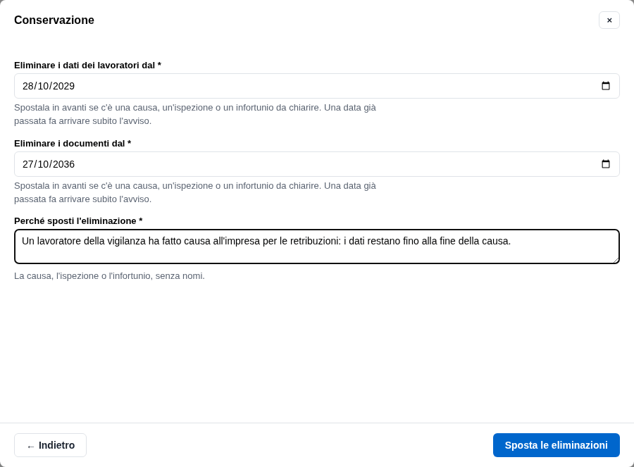 La form per spostare le eliminazioni