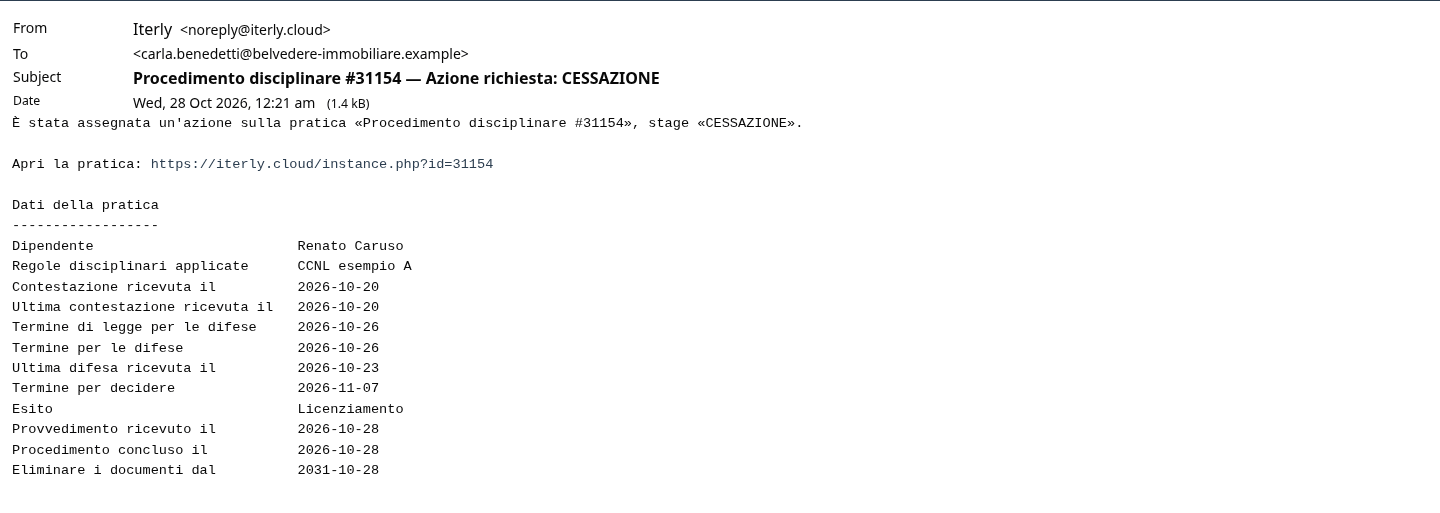 L'email all'ufficio personale: la pratica di Cessazione da collegare