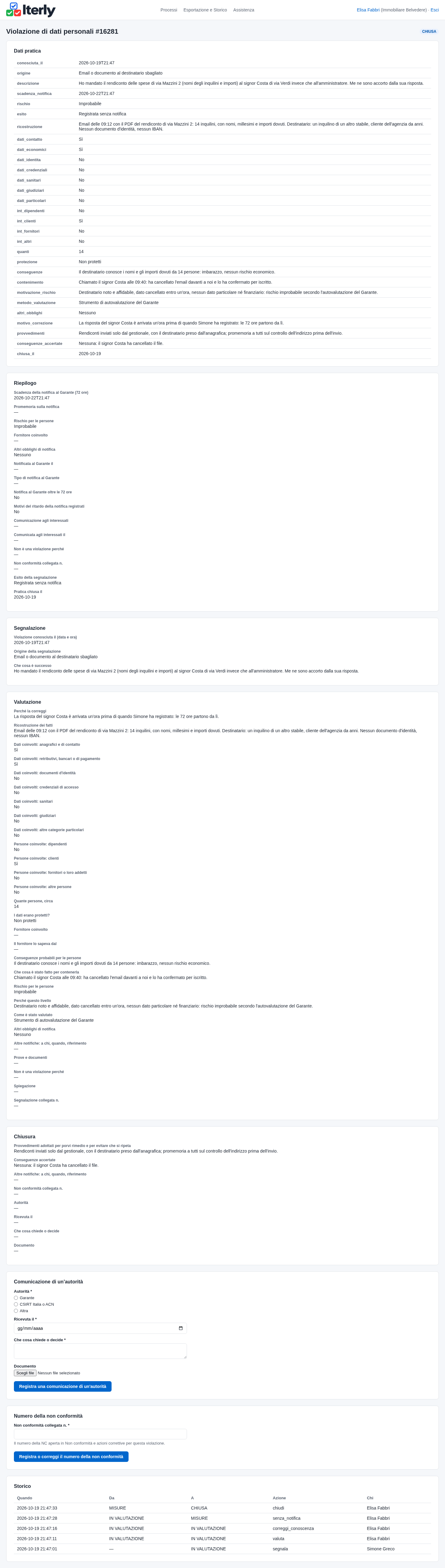 La pagina della pratica con lo Storico completo