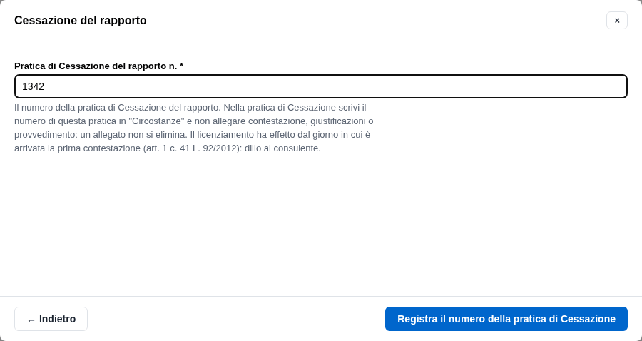 La form con il numero della pratica di Cessazione e il suo aiuto