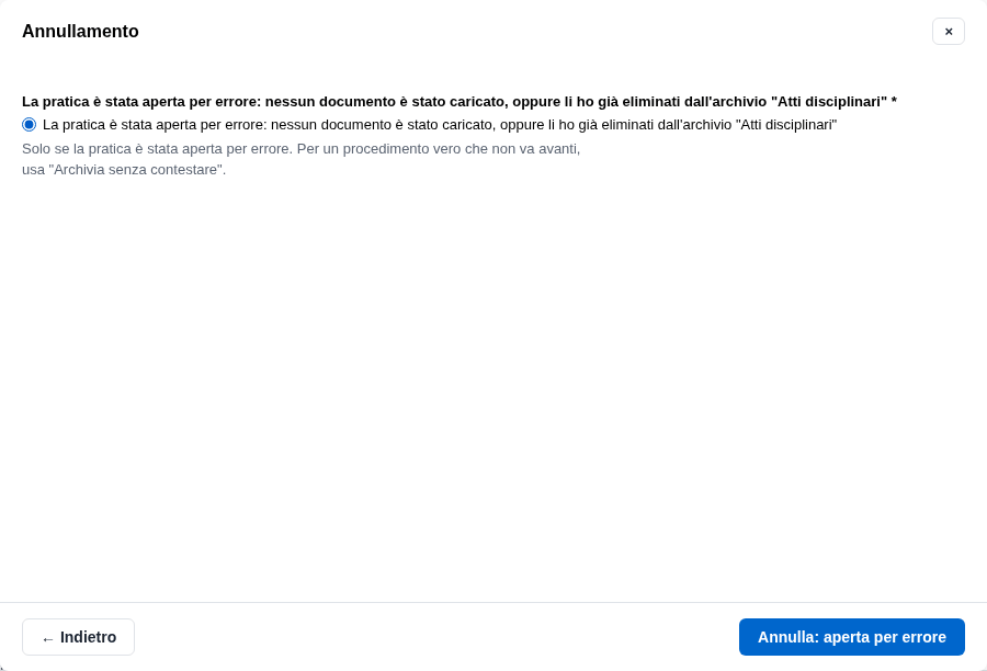 La form dell'annullamento con la conferma sui documenti