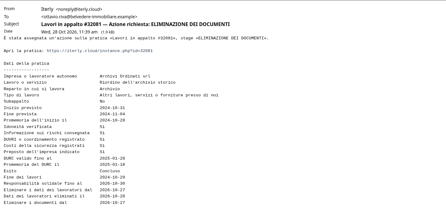 L'email di eliminazione dei documenti