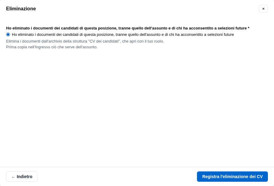 La form con la conferma dell'eliminazione