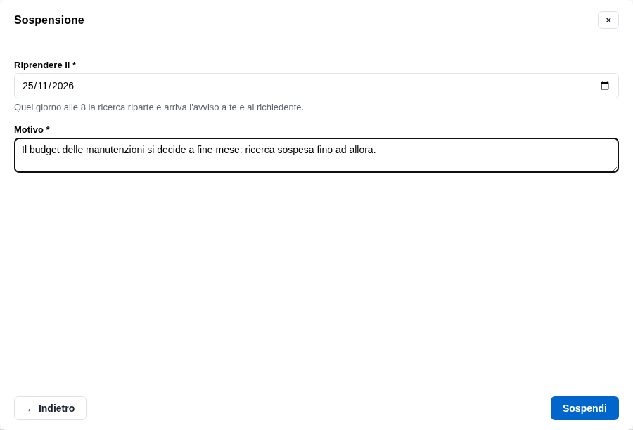 La form della sospensione con la data della ripresa