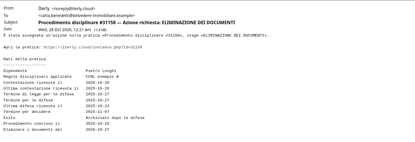 L'email di avviso per l'eliminazione dei documenti