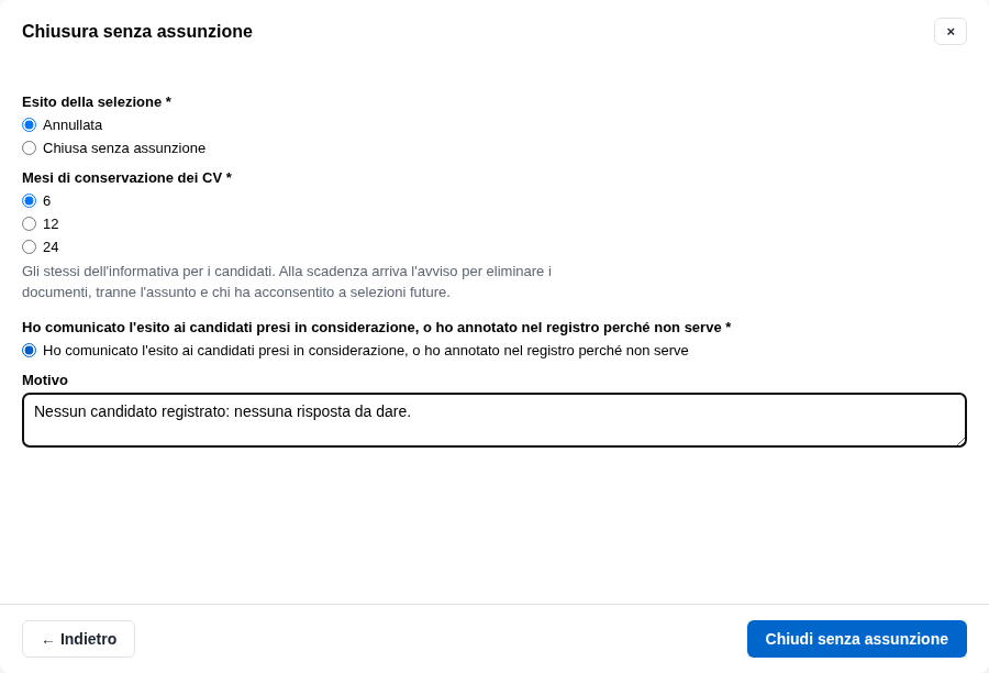 La form della chiusura senza assunzione