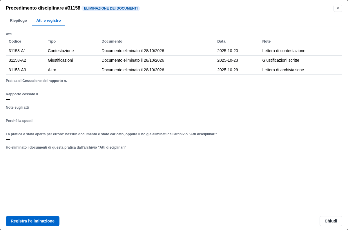 La griglia degli atti con i segnaposto dei documenti eliminati