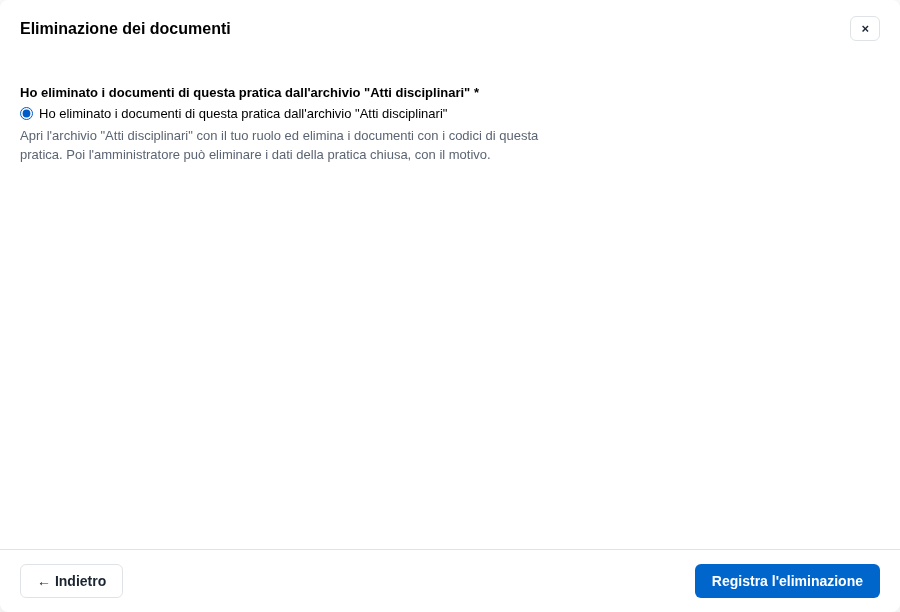 La form della conferma dell'eliminazione
