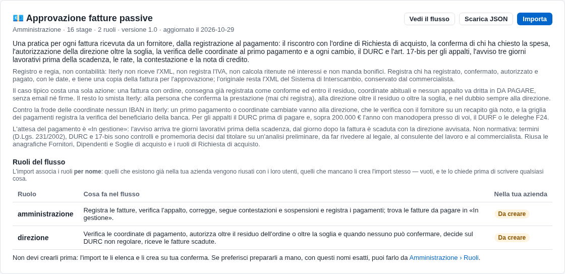 La scheda del flusso nello Store con i ruoli e il bottone Importa