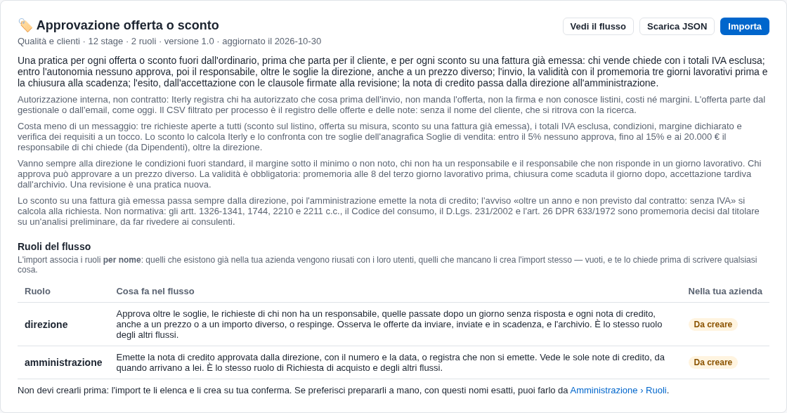 La scheda del flusso nello Store con i ruoli e il bottone Importa