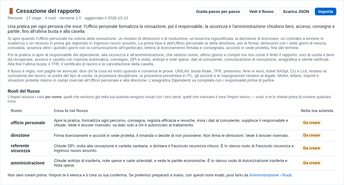 La scheda del flusso nello Store con i quattro ruoli da creare e il bottone Importa