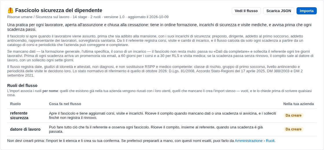 La scheda del flusso nello Store, con i ruoli da creare e il bottone Importa