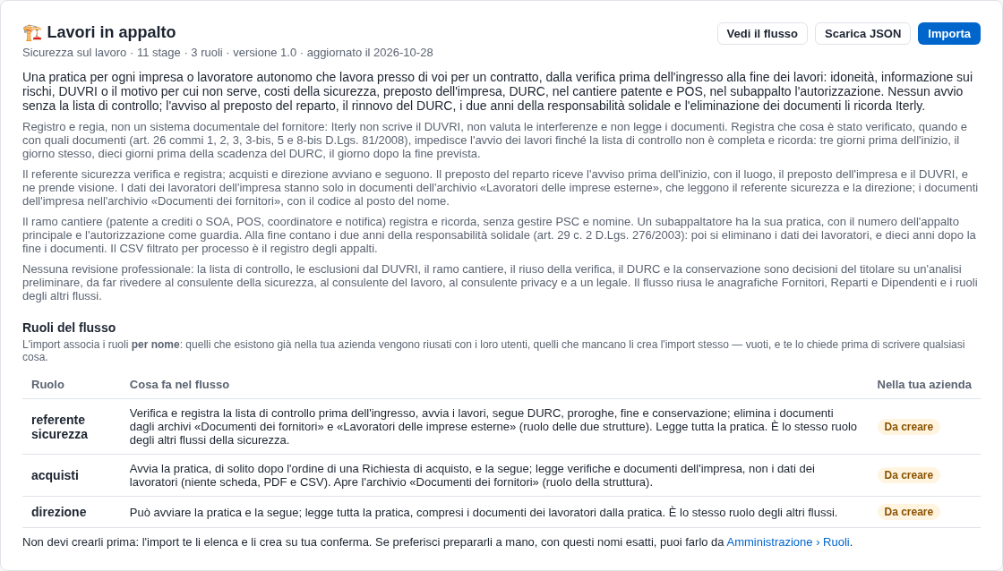 La scheda del flusso nello Store con i ruoli e il bottone Importa