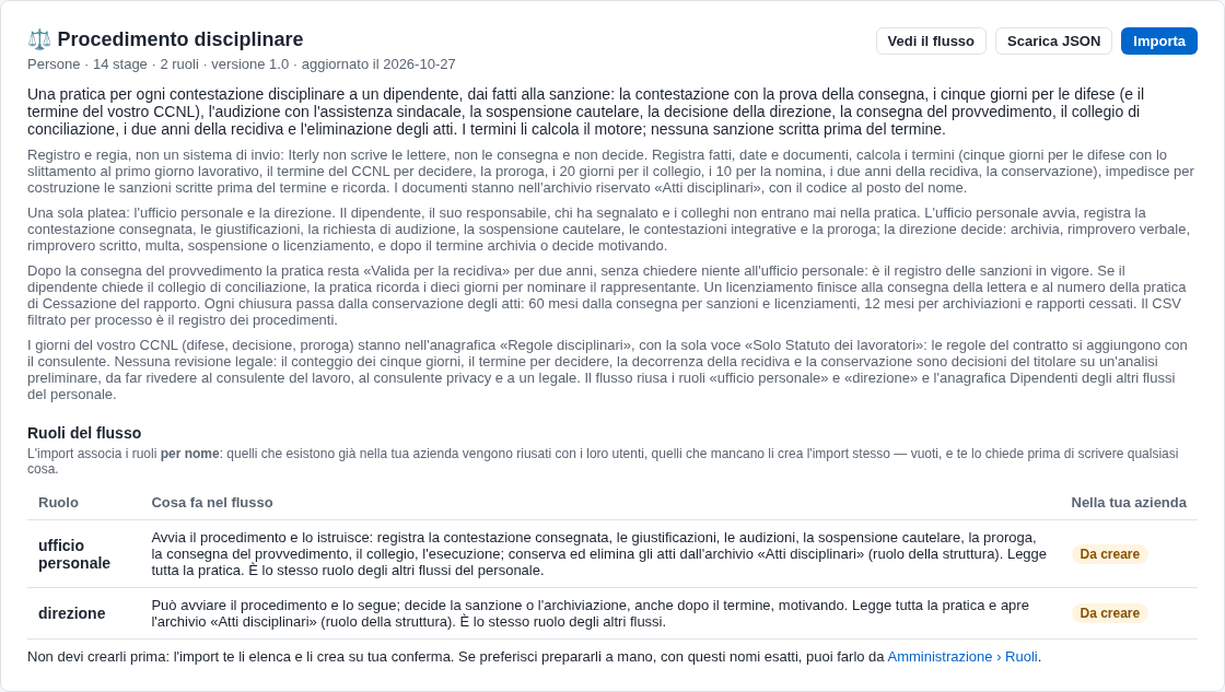 La scheda del flusso nello Store con i ruoli e il bottone Importa