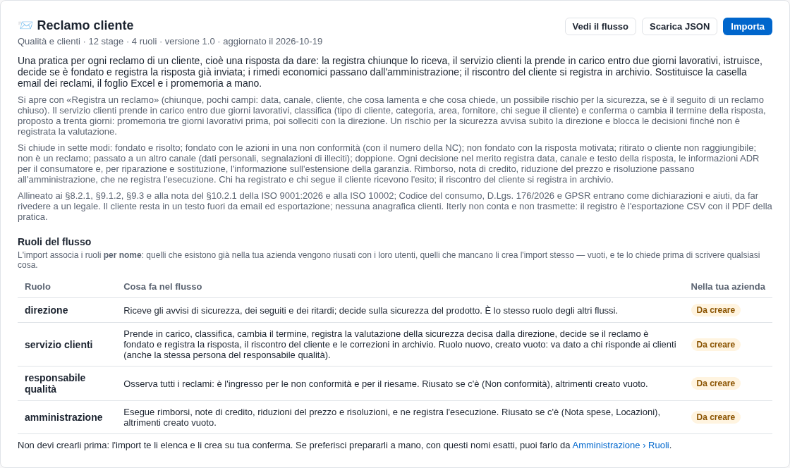 La scheda del flusso nello Store con i ruoli da creare e il bottone Importa