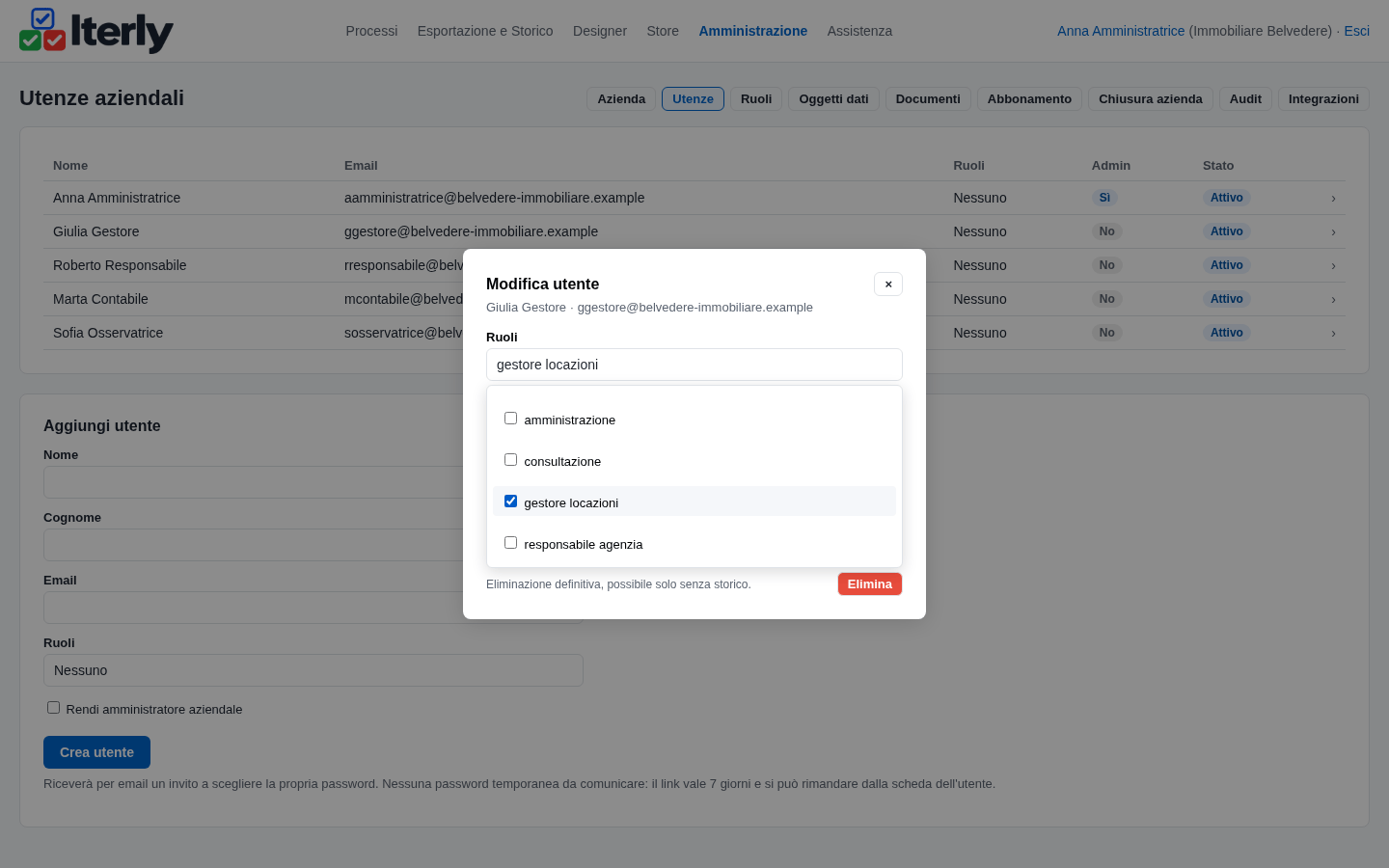 La modifica di un utente con il ruolo gestore locazioni scelto