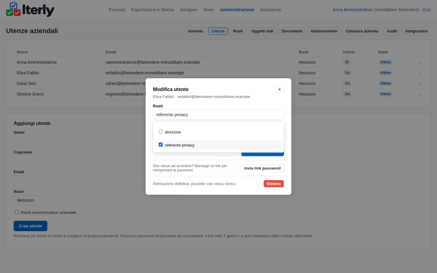 La scheda di un utente con il ruolo referente privacy