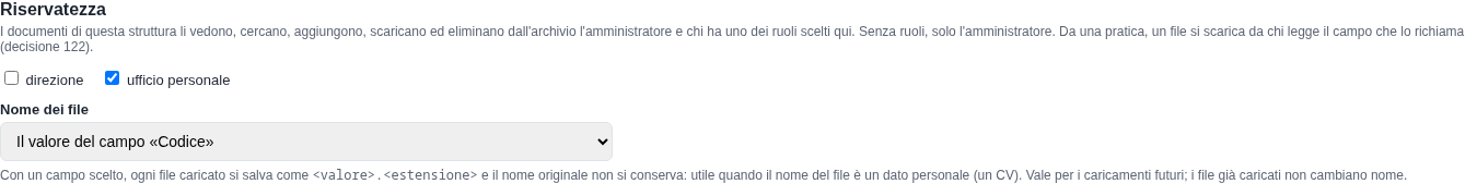 La pagina della struttura, sezione Riservatezza, con il ruolo e il nome dei file dal codice