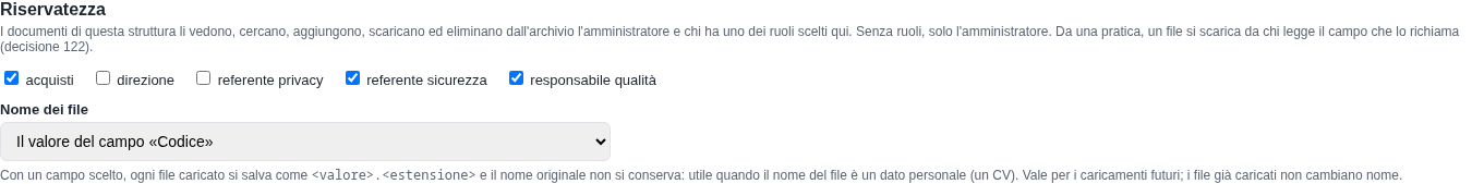 La sezione Riservatezza di Documenti dei fornitori con i tre ruoli e il nome dei file dal codice