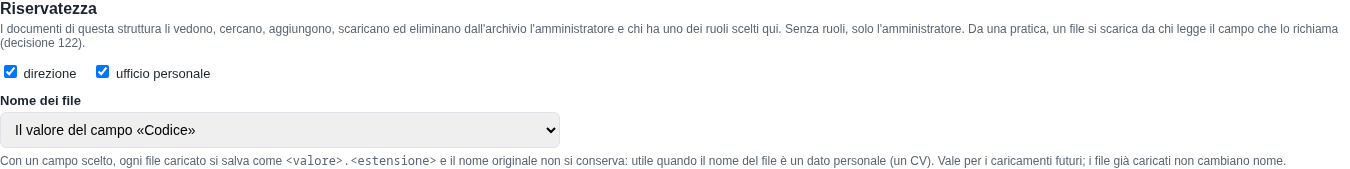 La pagina della struttura CV dei candidati, sezione Riservatezza, con i due ruoli e il nome dei file dal codice