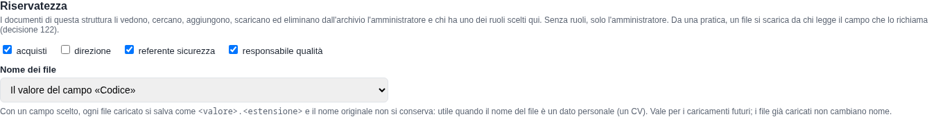 La sezione Riservatezza di Documenti dei fornitori con tre ruoli e il nome dei file dal codice