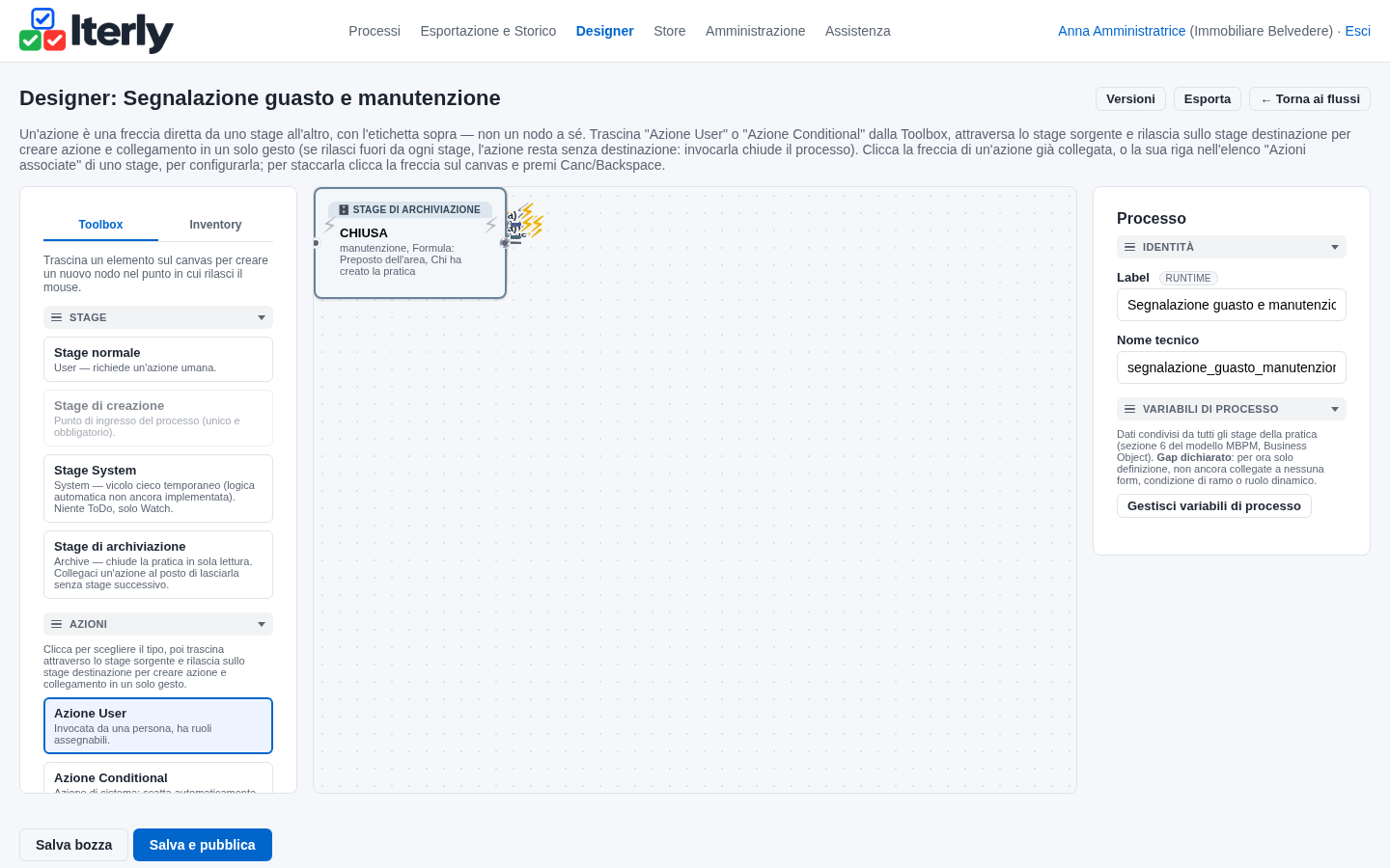 Il designer con il bottone Salva e pubblica
